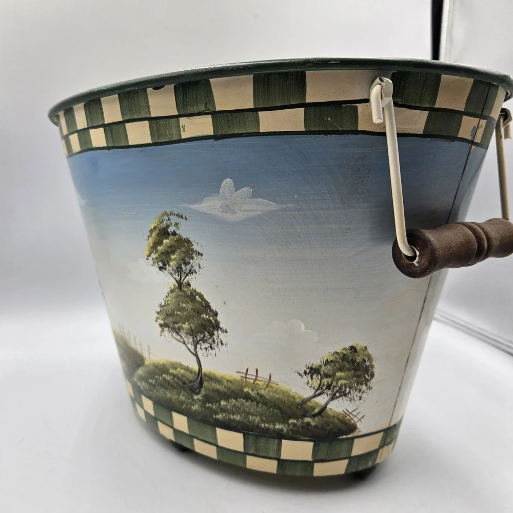 Handpainted Rooster Decorative Large Tin Pail Bucket 13x9
